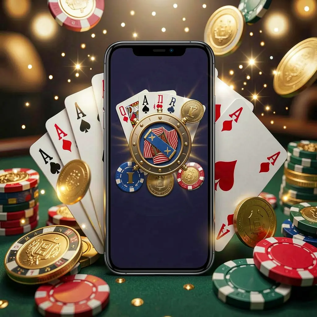 TK5678 mobile gaming application concept featuring a smartphone surrounded by playing cards, roulette chips, gold coins, and sparkling lights in a premium casino style