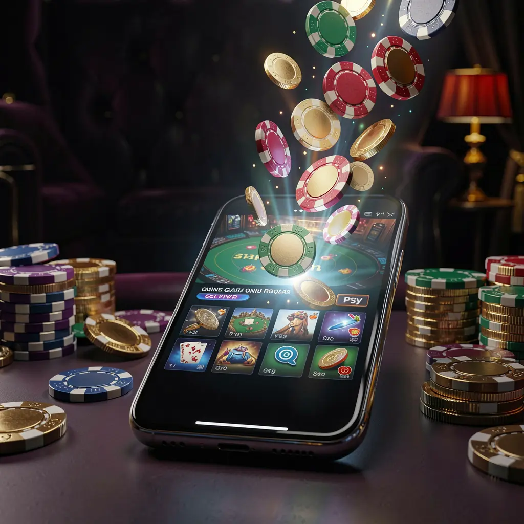 Smartphone screen glowing with casino chips and coins coming out, showcasing the TK5678 online gaming app against a luxury dark background with cinematic lighting in a high detail 3D render