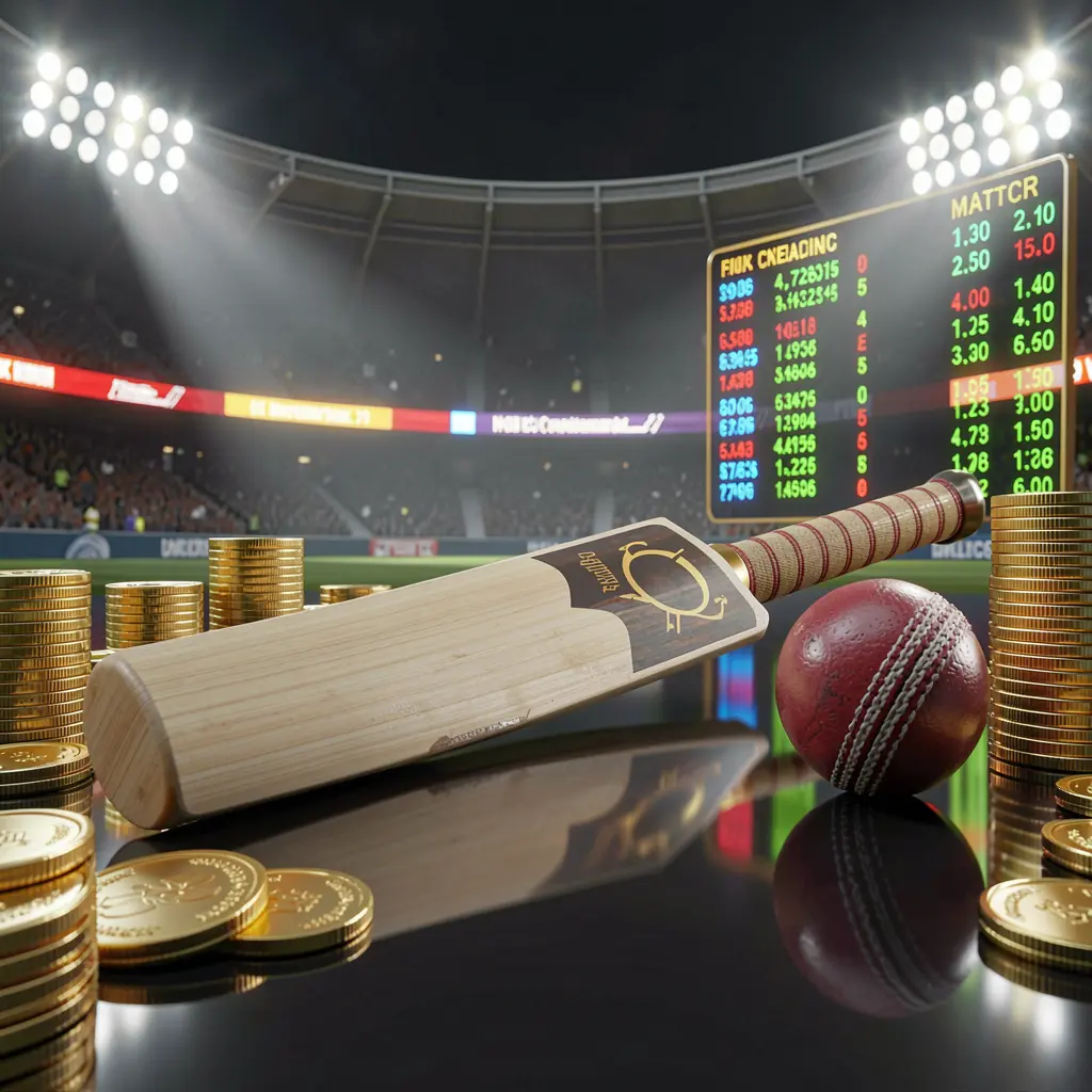TK5678 premium sports betting image featuring a cricket bat on a glossy dark surface, a cricket ball, golden coins, glowing match statistics, and stadium lights in a realistic 3D render TK5678 premium sports betting image featuring a cricket bat on a glossy dark surface, a cricket ball, golden coins, glowing match statistics, and stadium lights in a realistic 3D render