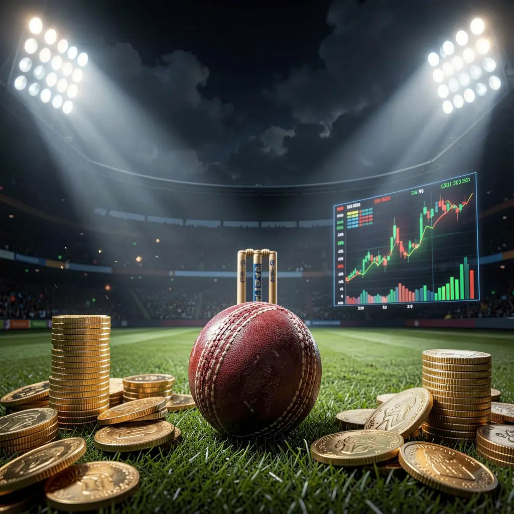 TK5678 cricket betting page background featuring a cricket ball in the foreground with wickets behind, dramatic stadium floodlights, golden coins, and glowing data charts TK5678 cricket betting page background featuring a cricket ball in the foreground with wickets behind, dramatic stadium floodlights, golden coins, and glowing data charts