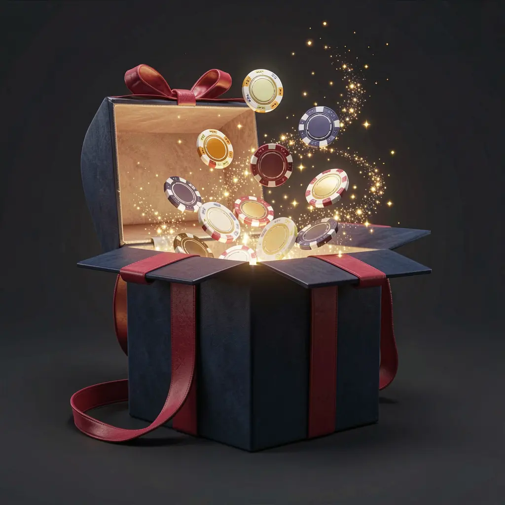 Realistic 3D render of a glowing gift box with free casino chips bursting out, surrounded by magical sparkles on a dark premium background, featuring TK5678 branding Realistic 3D render of a glowing gift box with free casino chips bursting out, surrounded by magical sparkles on a dark premium background, featuring TK5678 branding