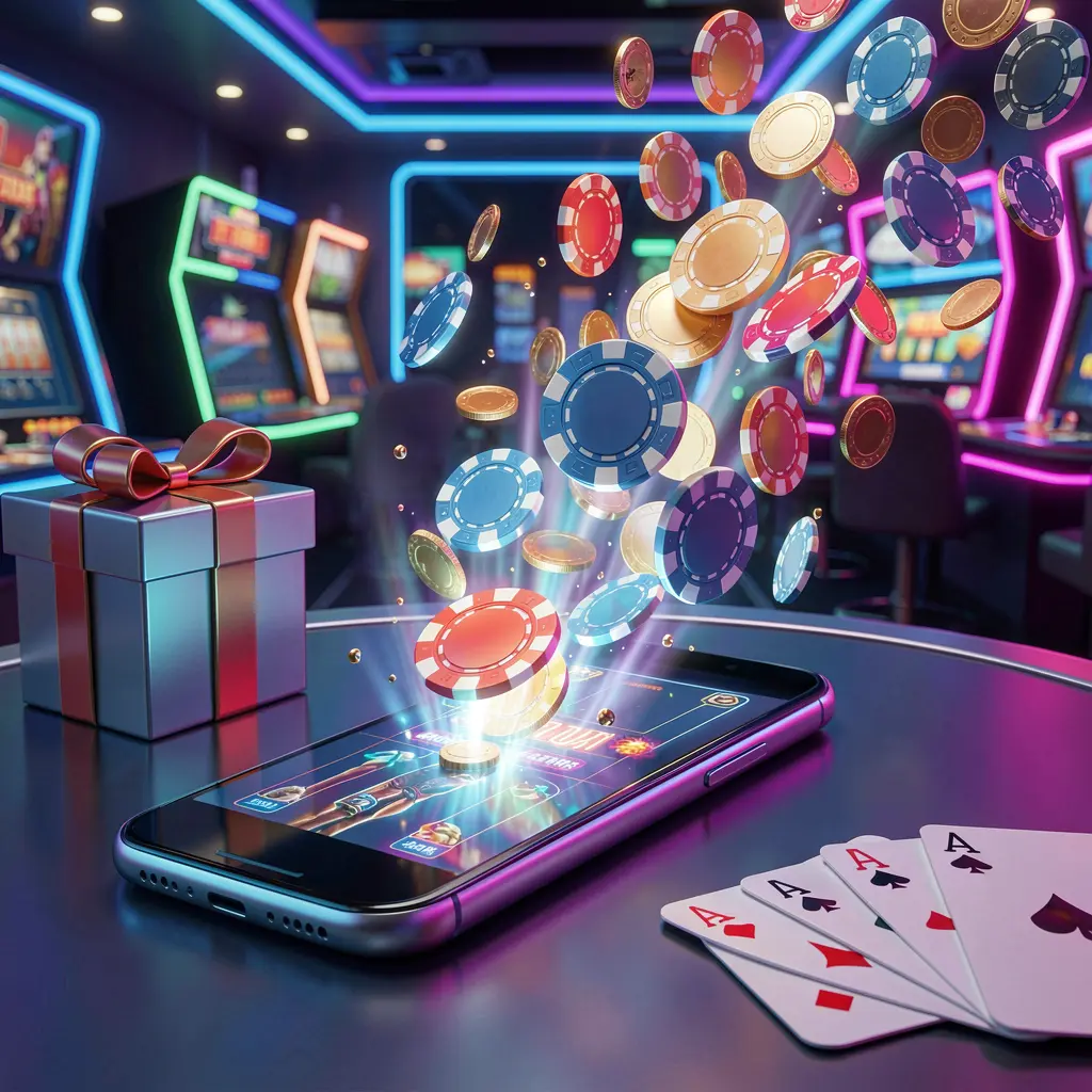 TK5678 mobile casino bonus scene with a modern smartphone displaying glowing casino chips and coins emerging from the screen, surrounded by a gift box and playing cards in a bright neon casino atmosphere TK5678 mobile casino bonus scene with a modern smartphone displaying glowing casino chips and coins emerging from the screen, surrounded by a gift box and playing cards in a bright neon casino atmosphere