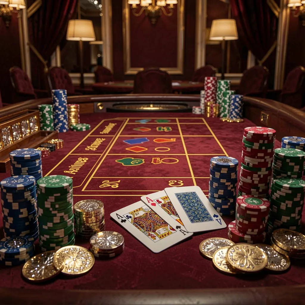 Luxury casino scene featuring a blackjack table with poker cards, stacks of chips, and sparkling coins in a dark red and gold setting, showcasing the TK5678 brand's elegant gaming environment