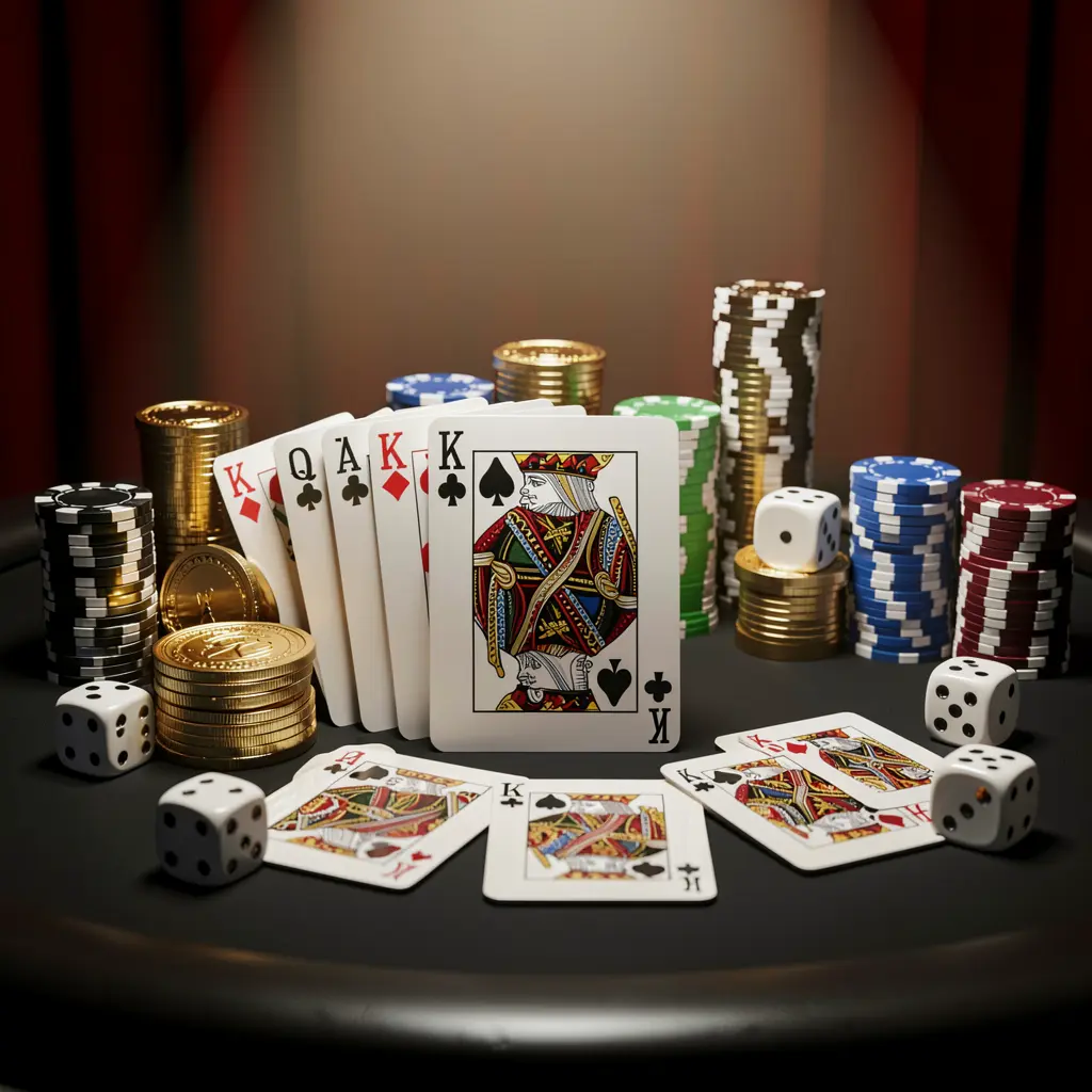 TK5678 casino table featuring a royal flush hand with poker chips, golden coins, and dice on a luxury black and red background under a dramatic spotlight in a realistic 3D render