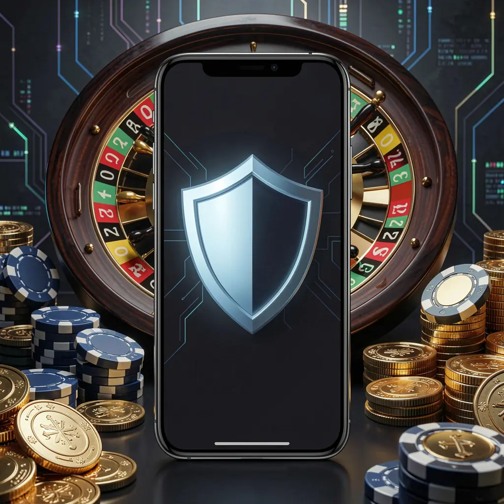 TK5678 secure mobile casino login screen showing a phone with a shield icon, roulette wheel, poker chips, and golden coins in a dark cyber luxury setting TK5678 secure mobile casino login screen showing a phone with a shield icon, roulette wheel, poker chips, and golden coins in a dark cyber luxury setting