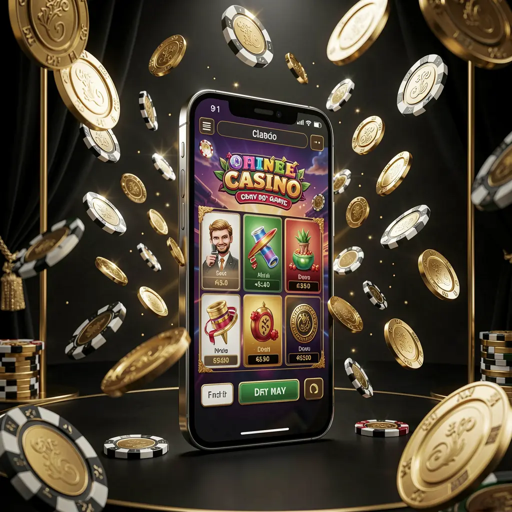 Modern online casino main page visual featuring a smartphone with a glowing gaming interface surrounded by flying coins and chips in a black and gold luxury atmosphere, showcasing TK5678's realistic 3D design